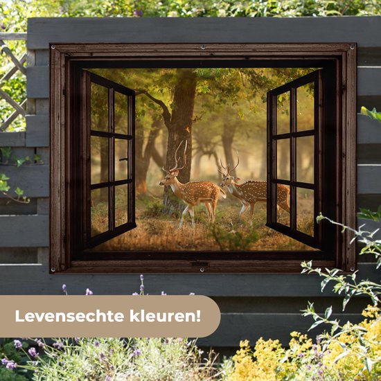 Tuinposter 160x120 cm - Tuindecoratie Herten - Bos - Herfst - Bosdieren - Natuur - Hert - Doorkijk - Poster voor in de tuin - Buiten decoratie - Schutting tuinschilderij - Tuindoek muurdecoratie - Wanddecoratie balkondoek