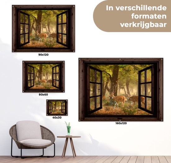Tuinposter 160x120 cm - Tuindecoratie Herten - Bos - Herfst - Bosdieren - Natuur - Hert - Doorkijk - Poster voor in de tuin - Buiten decoratie - Schutting tuinschilderij - Tuindoek muurdecoratie - Wanddecoratie balkondoek