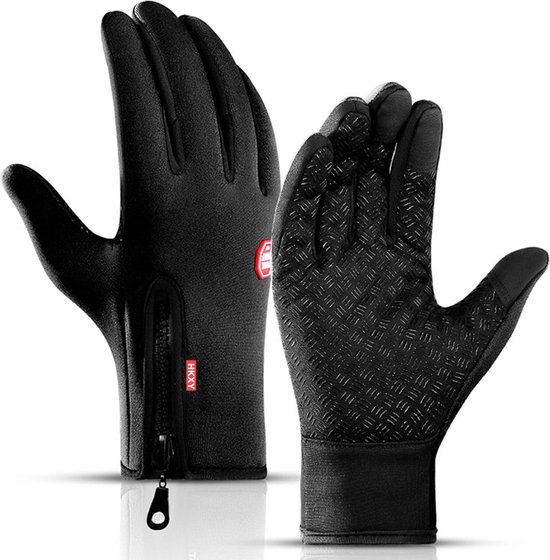 Een paar zwarte winterhandschoenen, één met een open rits en 'HIKKY' logo, de ander met grip-patroon op de handpalm.