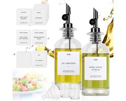 2 x 350 ml Glass Oil Dispenser - Olive Oil & Syrup Dispenser with 40 Labels - Bottle for Chili Pepper, Honey, Salad, Barbecue - Kitchen Grey