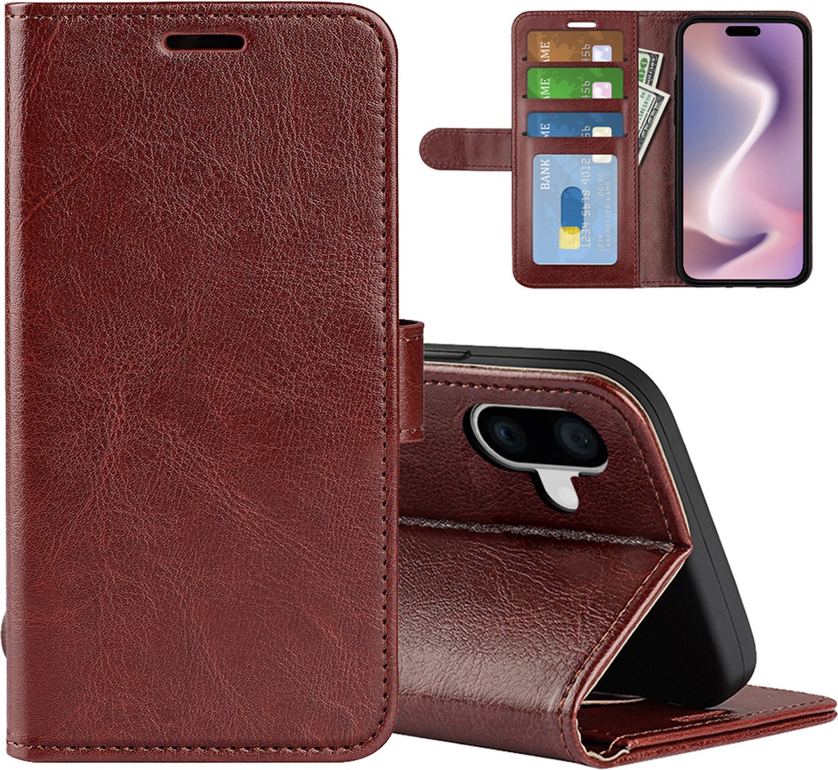 MobyDefend Hoesje - Geschikt voor iPhone 16 - Wallet Book Case (Sluiting Achterkant) - Bruin
