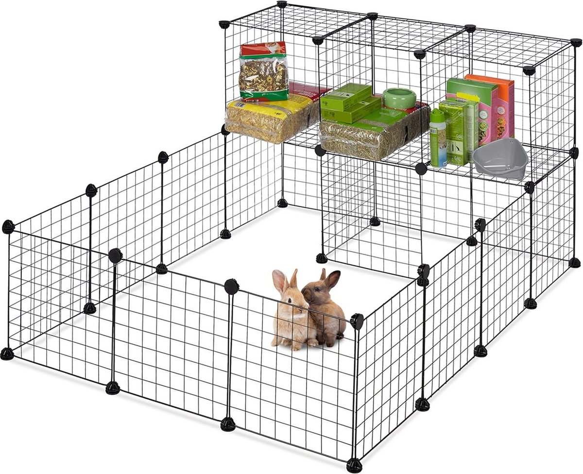 Grote modulaire konijnenren voor knaagdieren binnen & buiten - afmetingen: ca. 72x145x110 cm - zwart metaal