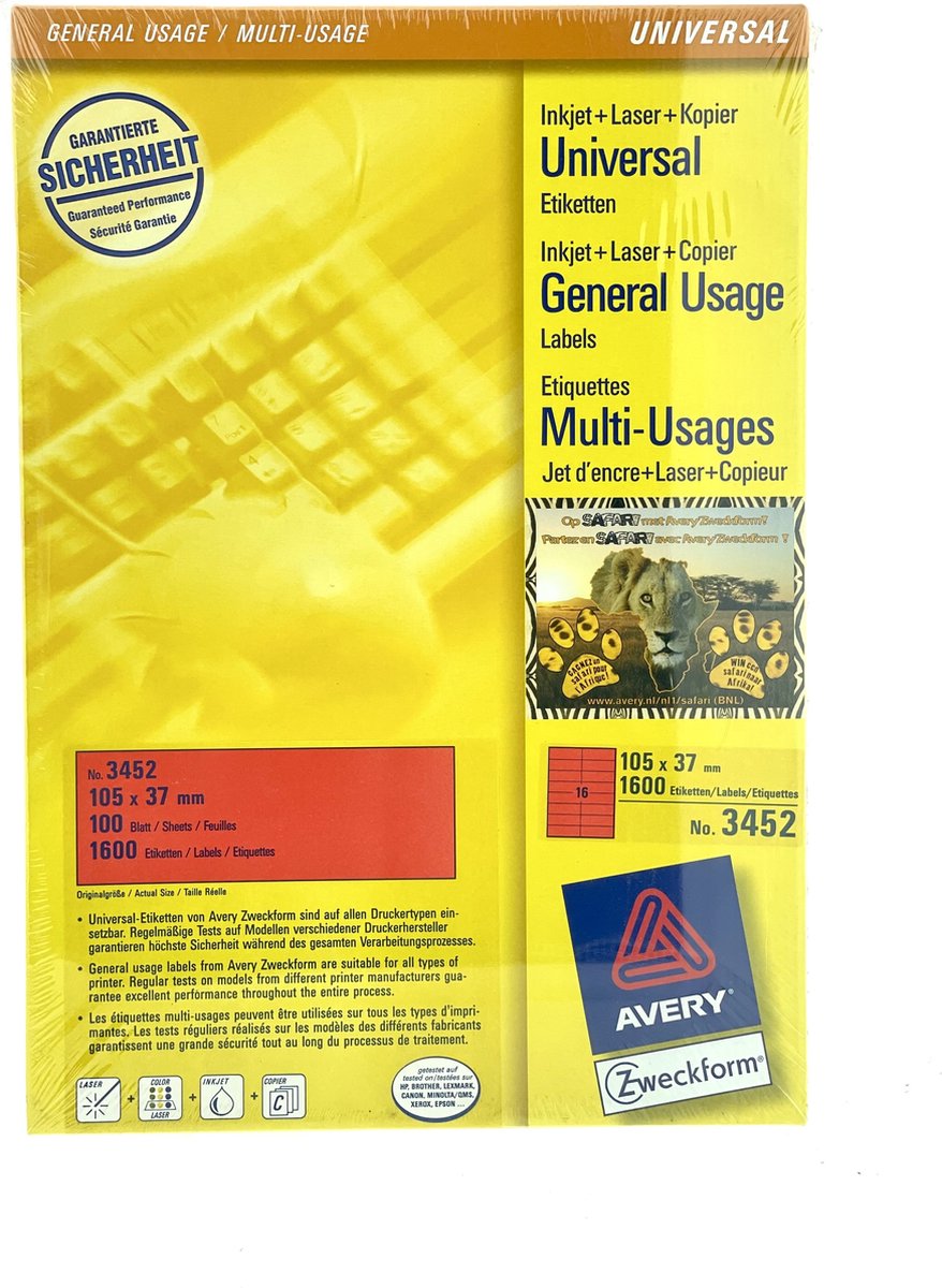 Avery Gekleurde universele etiketten formaat 105 x 37 mm (b x h) 1.600 stuks rood