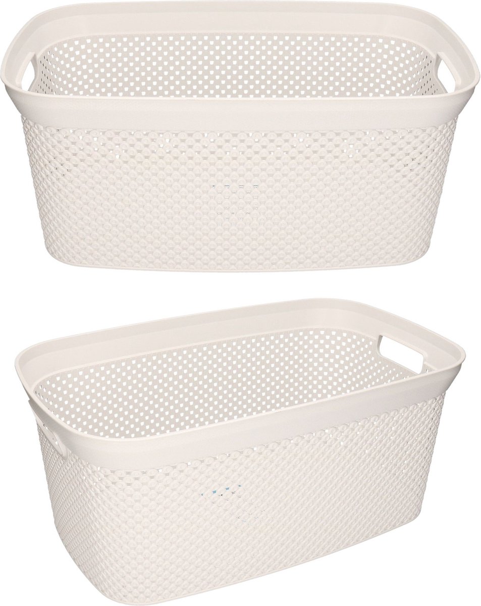 Goedkoopste 2x Witte wasmanden 35 liter 54 x 34 x 23 cm - Kunststof/plastic draagmand - De was doen huishoudartikelen - Wasmanden/wasgoedmanden