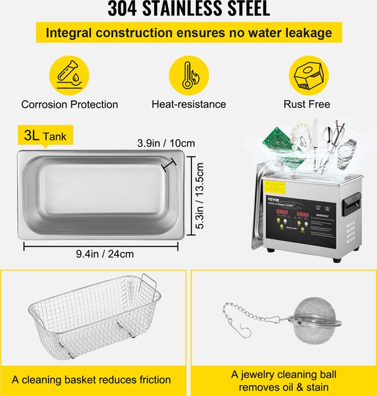 VEVOR Nettoyeur à ultrasons numérique en acier inoxydable avec écran guidé - 3L - 26,5 * 16,5 * 22,5 cm - Pour les laboratoires, Nourriture, la Biologie, les industries médicales et agricoles ou le Nettoyage quotidien - Argent