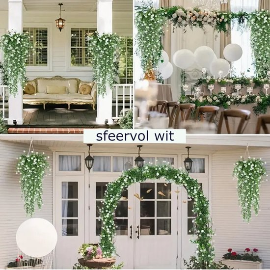 Allernieuwste.nl® Set de 3 Plantes artificielles suspendues avec Fleurs Witte pour terrasse et balcon - Résistant aux UV - 80 cm %%