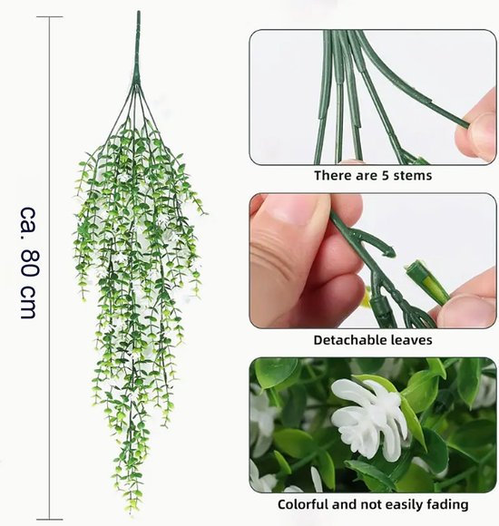 Allernieuwste.nl® Set de 3 Plantes artificielles suspendues avec Fleurs Witte pour terrasse et balcon - Résistant aux UV - 80 cm %%