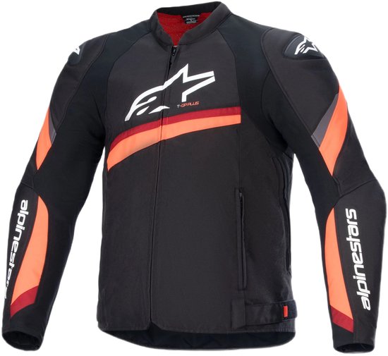 Zwarte motorjas met schuine rode en oranje strepen op de voorkant en mouwen. Wit Alpinestars logo.