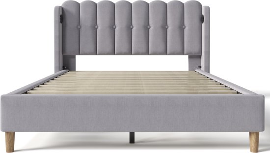 Sweiko Gestoffeerd bed Tweepersoonsbed met USB Type C Oplaadfunctie, Bedplaats met platte noedelsvoet, Grijs Gestoffeerd bed, 160 x 200 cm bedplaats Slaapkamer Jeugdbed Gastenkamer linnenmateriaal (geen matras)