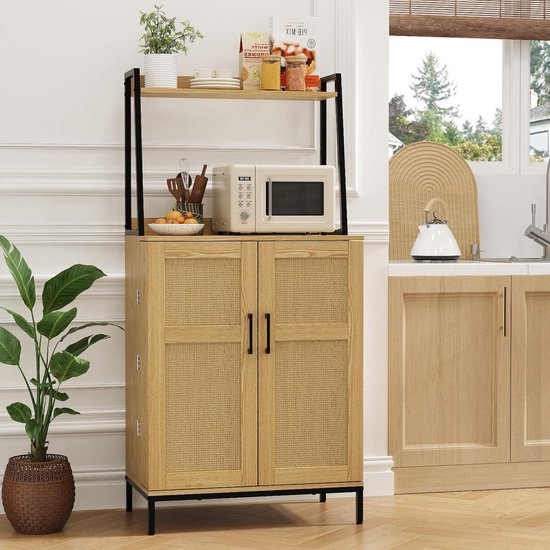 Garde-manger de Cuisine de 49,6 po avec Portes en rotin et Planches réglables – Support pour micro-ondes – Armoire à café – Salle à manger Salon Armoire à micro-ondes naturelle