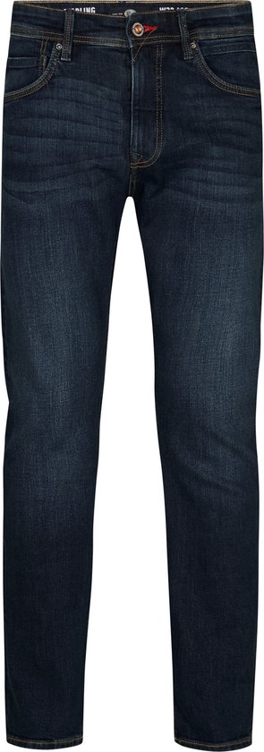 Donkerblauwe straight fit jeans, recht van voren.