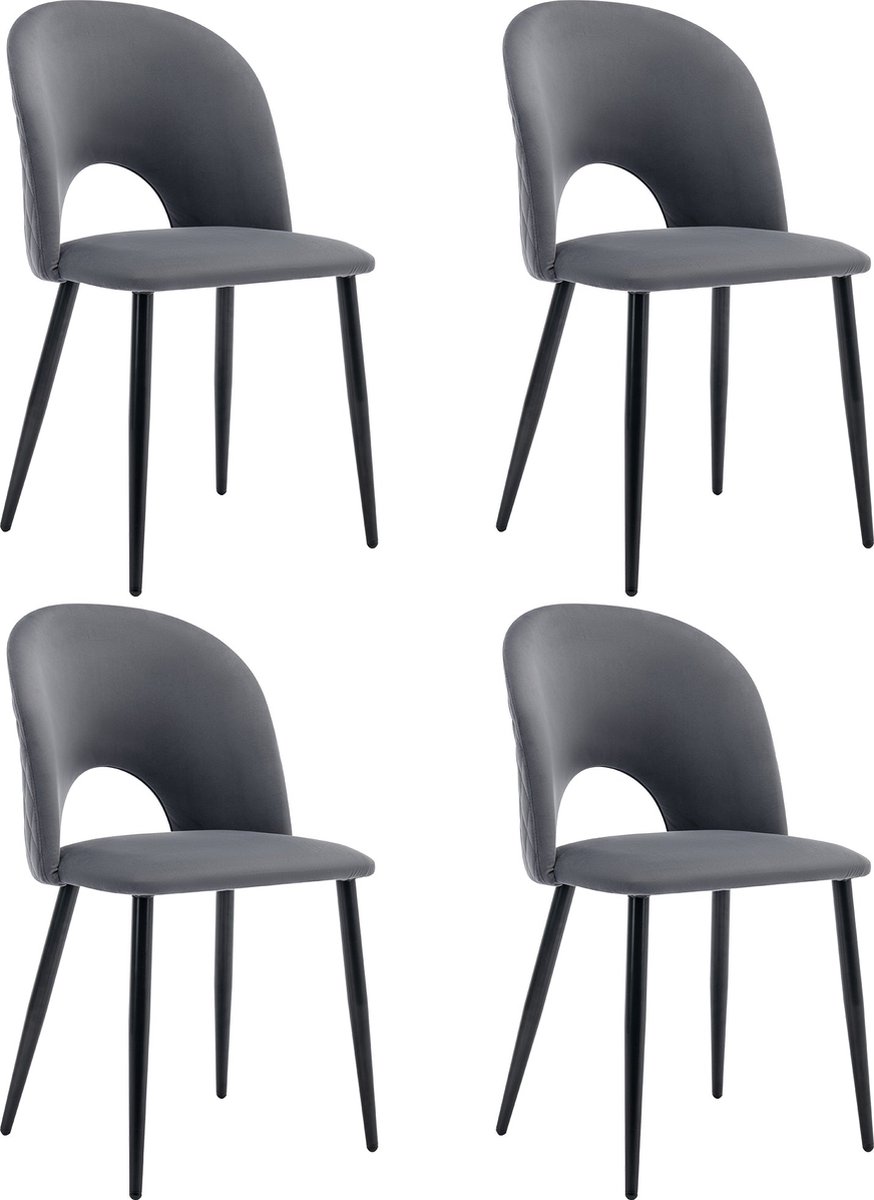Merax Eetkamerstoelen Set van 4 – Velvet Grijs met Zwarte Metalen Poten