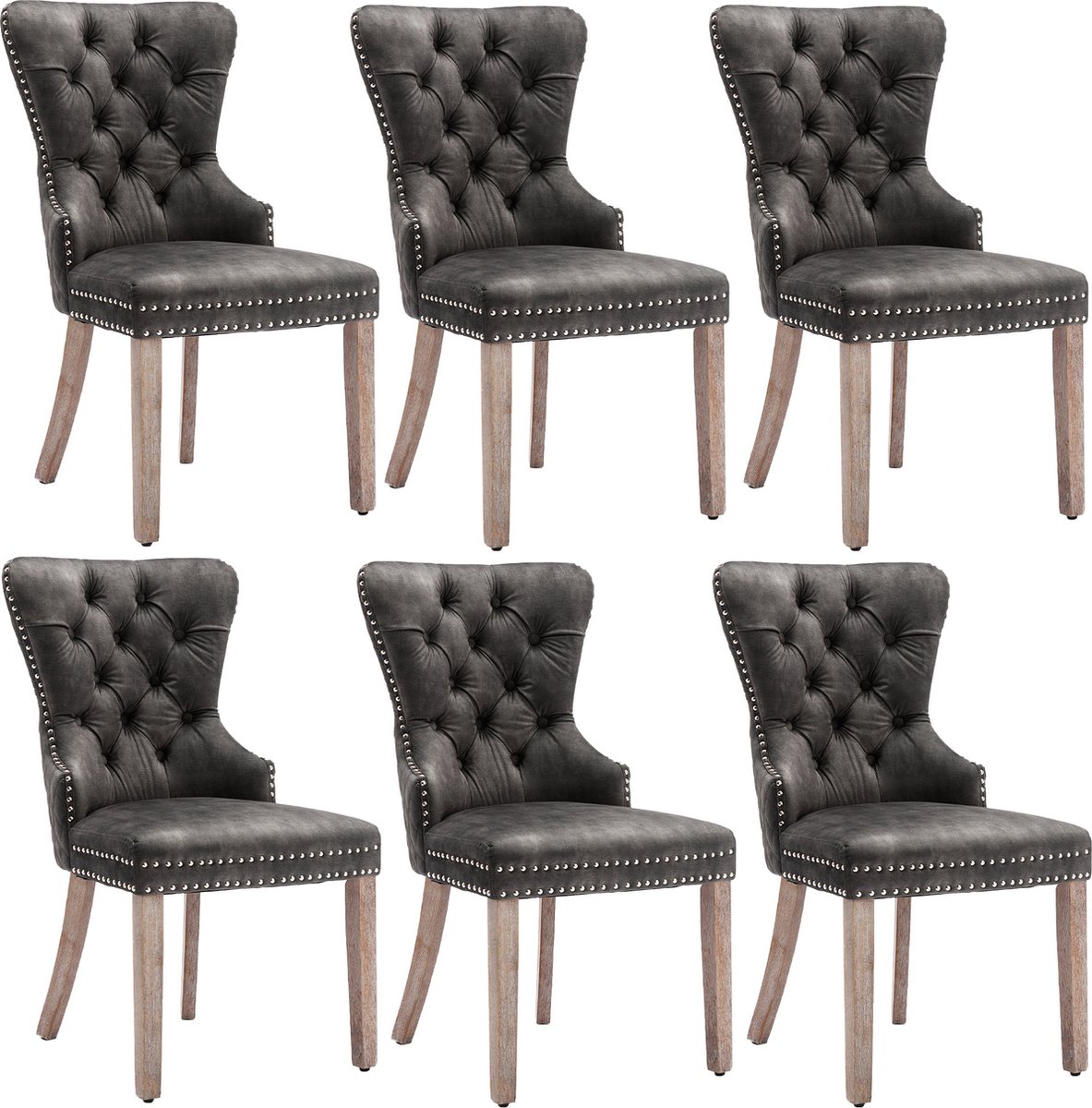 Merax Eetkamerstoel Set van 6 – Grijze Velvet Stoelen met Massief Houten Poten en Unieke Deurklopper op de Rug - Verstelbare Poten en Zilveren Nagelkopdetails