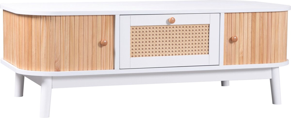 Merax Salontafel – Rattan Koffietafel met Massief Houten Ladefronten en Schuifdeuren – Landelijke Stijl – 110x55x38.5 cm Wit