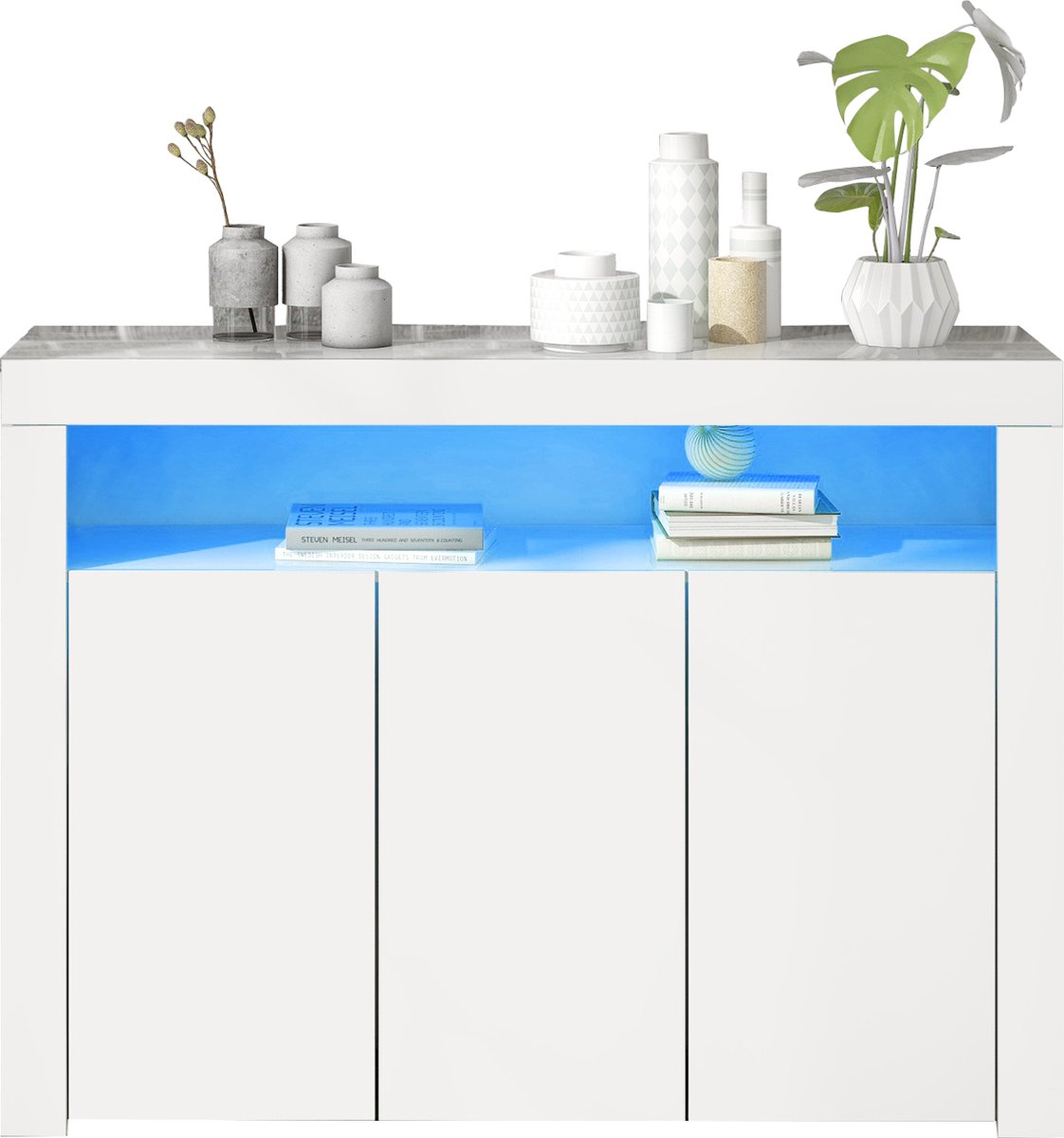 Merax Hoogglans Dressoir met LED Verlichting - Moderne Kast met 3 Deuren en Opbergruimte - Inclusief Afstandsbediening - Wit