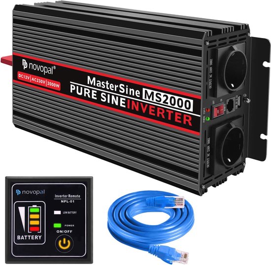Zuivere sinusgolf 6000W omvormer 12V DC naar 230V AC, 2AC-stopcontacten auto -omvormer met één USB-poort, voor mobiele verbinding van huishoudelijke apparaten, 1500W-24V tot 110V