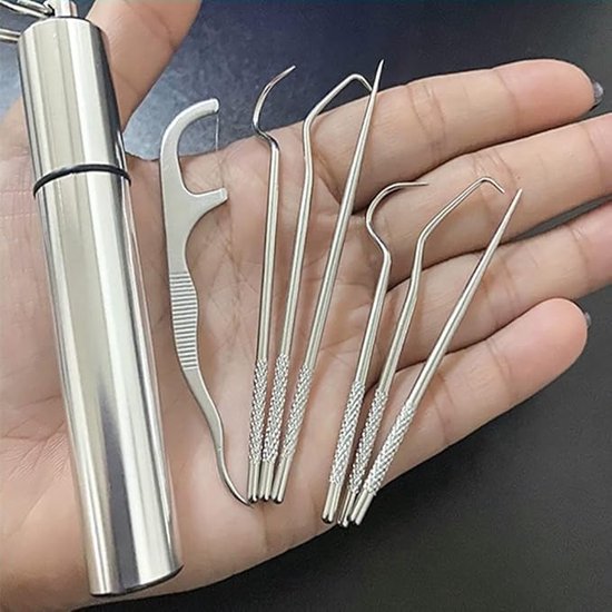 Set de 7 Cure-dents avec étui - Crochet dentaire - Ensemble de dentiste - Acier inoxydable - Ensemble de Soins dentaires - Cure Cure-dents - Argent - 1,6 x 1,6 x 11,6 cm - Soins dentaires