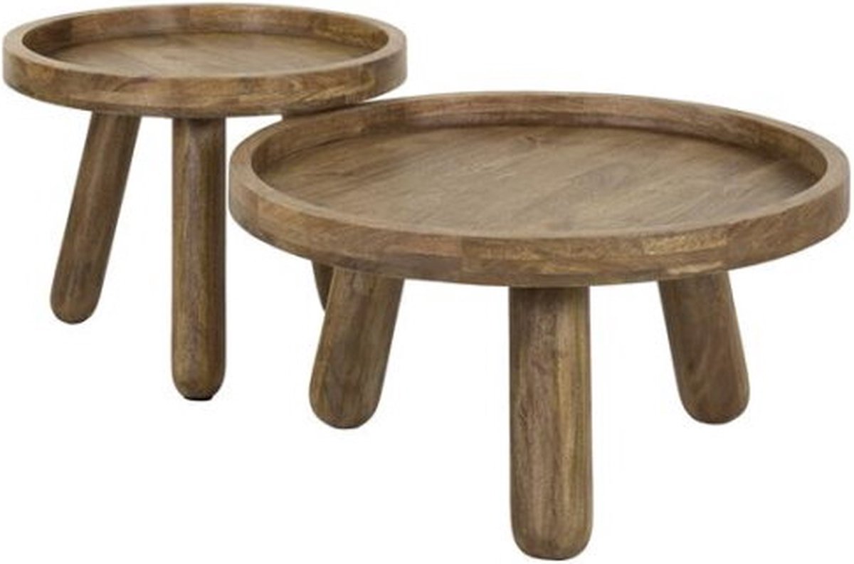 Meubelplaats Salontafel Tripod set van 2 rond mangohout - Zandkleur massief mango zandkleur