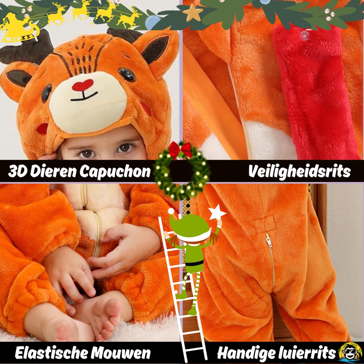 BoefieBoef Dieren Kleuter Onesie Peuter Pyjama Kinderen – Verkleedkleding met Luierrits – Carnaval Dierenpak - Kerst en Kraamcadeau - Zacht Flanel - Baby Kerst - Boxpak - Jongen - Meisje - Kruippak - Winterpak - Hert - rendier - bruin — afbeelding 5