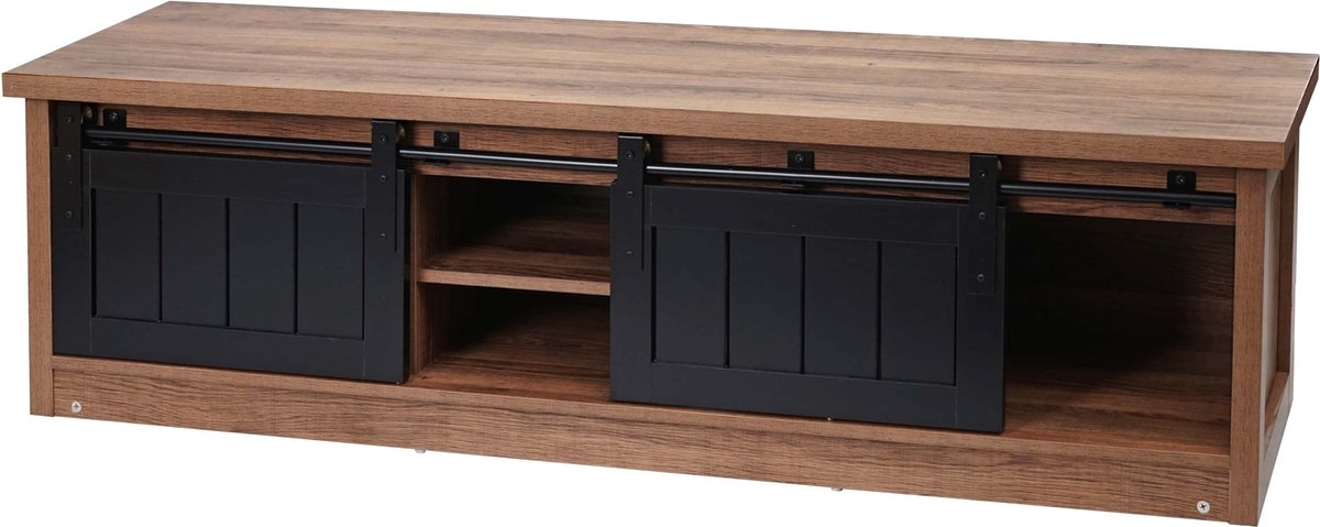 TV-rek MCW-K75, TV-tafel TV-plank, schuifdeuren opbergvakken, hout-look industrieel metaal 43x150x40cm ~ bruin