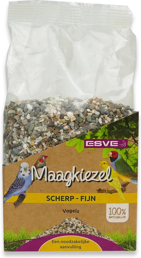Zak maagkiezel met opdruk van twee vogels: een blauwe grasparkiet en een gele vogel. Tekst: 'Maagkiezel scherp-fijn vogels 100% natuurlijk'.
