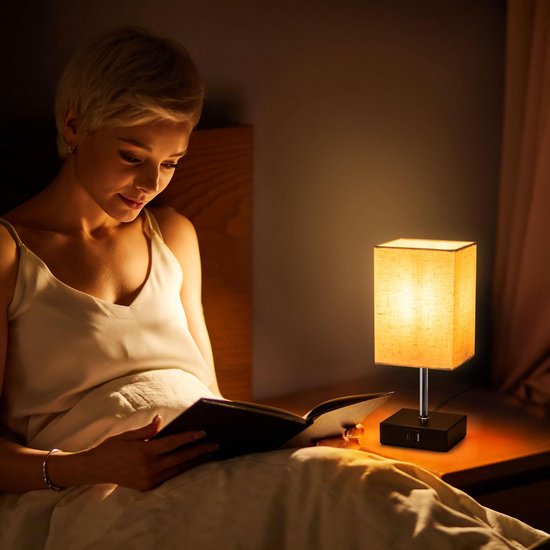 EDISHINE LED Tafellamp Touch Dimbaar 2 Stuks, Moderne Kleine Lamp, Met Oplaadfunctie, 2 USB-poorten, Voor Slaapkamer, Woonkamer, Vensterbank, Cadeau, Linnen Lampenkap [Energieklasse F