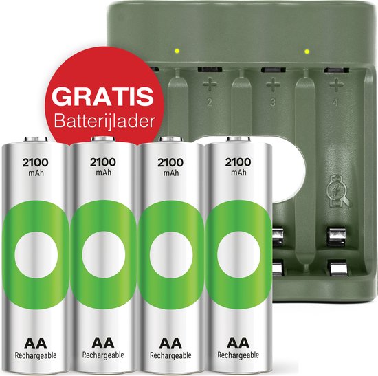 GP ReCyko oplaadbare batterijen AA, 2100mAh | 4 stuks + gratis batterijlader | batterij oplader voor AA en AAA