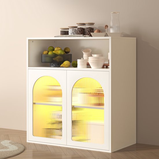 Dressoir Van Hout En Zwart Met Led-verlichting, 3 Lades En Open Verdelers Voor Woonkamer En Eetkamer