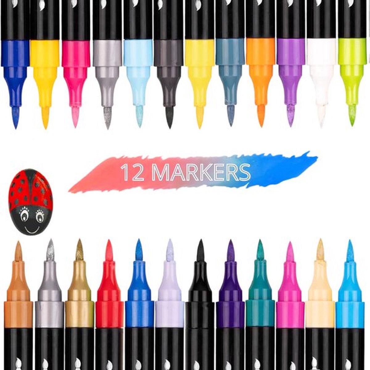 Twenty4seven® Acrylstiften 12 Stuks - Acryl Verfstiften Set met 0,7 mm Tip - Happy Stones Stiften voor Steen & Papier - Voor Volwassenen & Kinderen — afbeelding 4