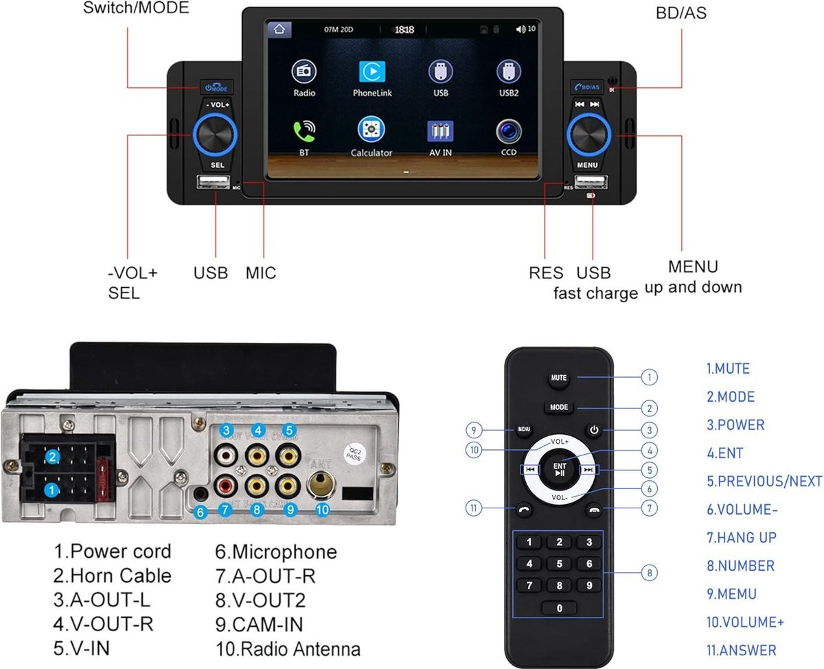 1Din Carplay Autoradio met Android Auto Bluetooth en FM Radio - 5 inch Scherm USB AUX Mirror Link SWC Touch Screen Achteruitrijcamera
