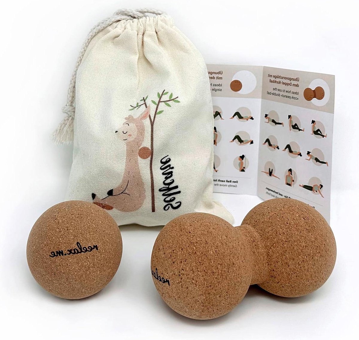 Set van 2 antibacteriële kurk massageballen - fasciabal & duoball 8 cm - handen voeten rug cadeau-idee - verjaardag vriendin - katoenen tas handleiding massage bal voeten
