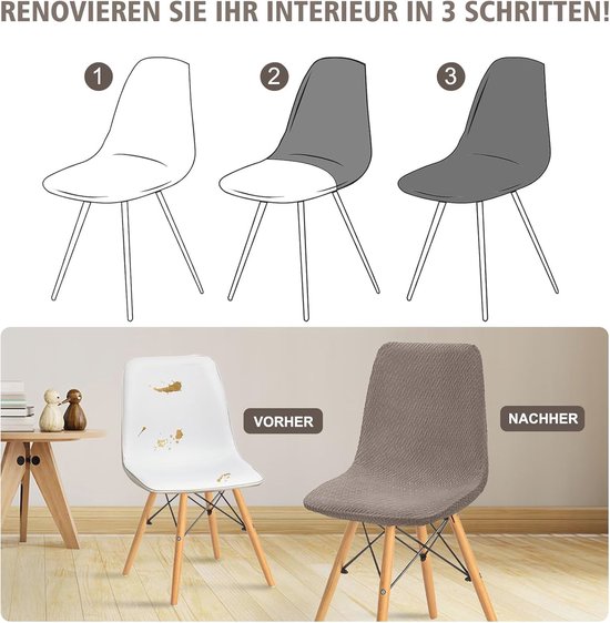 Voor en na illustratie van een stoelhoes. Een witte stoel voor, een grijze stoelhoes na.