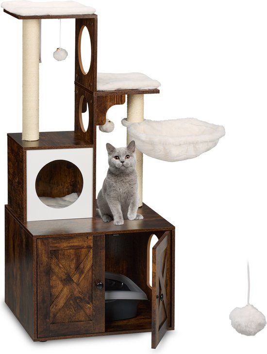 krabpaal met kattenbak ombouw - 128x95x52 cm - hangmat - industrieel - bruin-wit