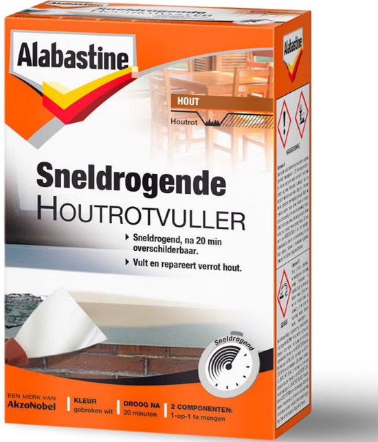 Alabastine Sneldrogende Houtrotvuller verpakking met oranje, witte en rode accenten. Houtrotvuller is verpakt in een doos met tekst en afbeeldingen van hout.