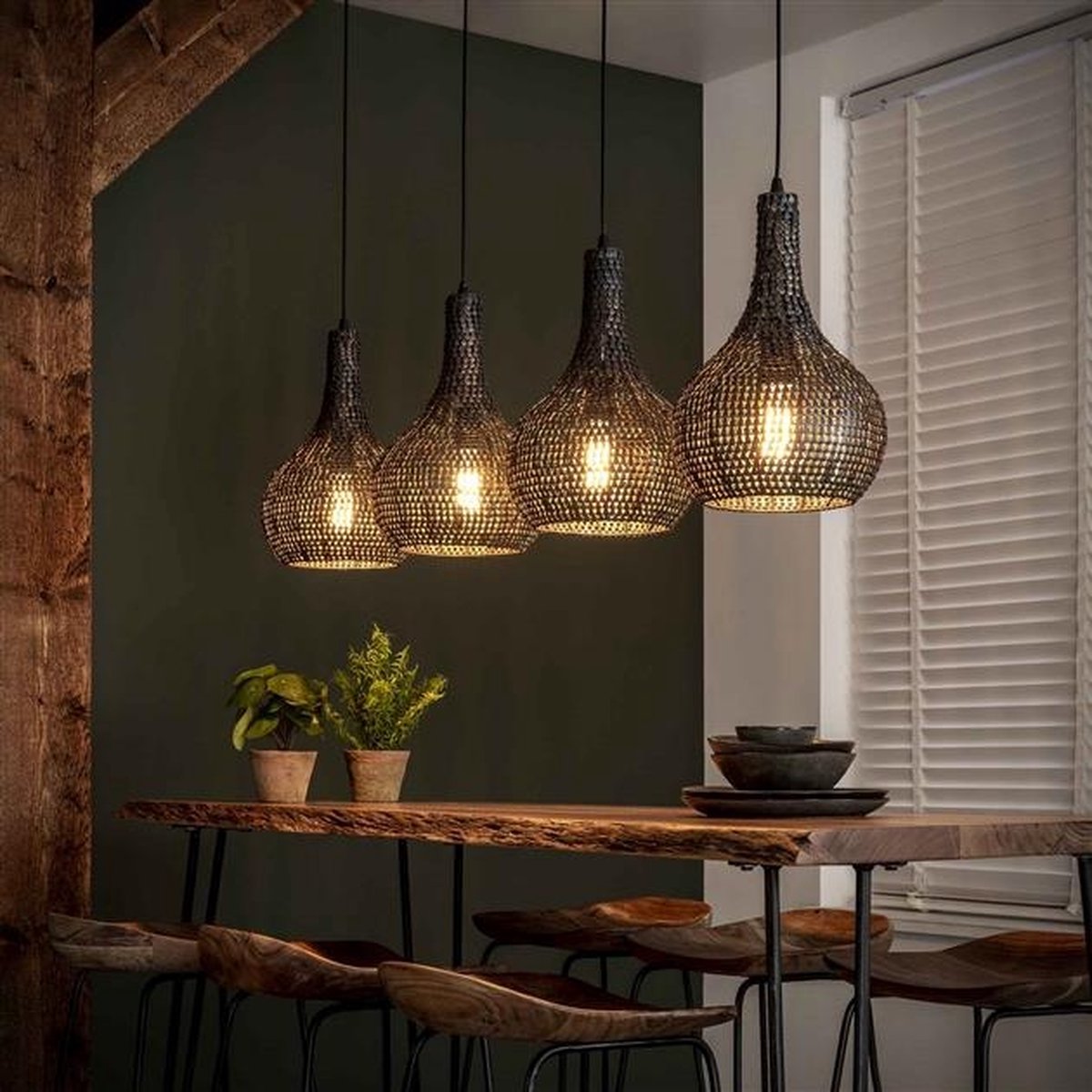 PS-Collection Armor Kegel 4L Hanglamp - 140x25x150 cm - Zwart/Bruin - Metaal - hanglampen eetkamer, hanglamp zwart, hanglampen woonkamer, hanglamp slaapkamer, hanglamp kinderkamer, hanglamp rotan, hanglamp hout, hanglamp industrieel