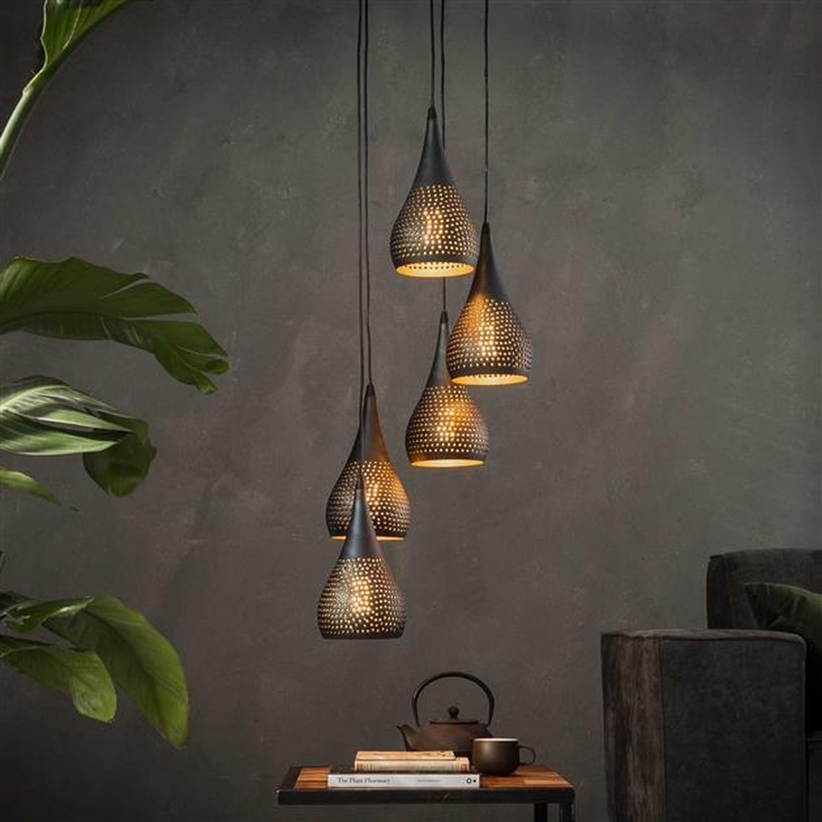 PS-Collection Punch Getrapt 5L Hanglamp - Ø15 cm - Zwart/Bruin - Metaal - hanglampen eetkamer, hanglamp zwart, hanglampen woonkamer, hanglamp slaapkamer, hanglamp kinderkamer, hanglamp rotan, hanglamp hout, hanglamp industrieel