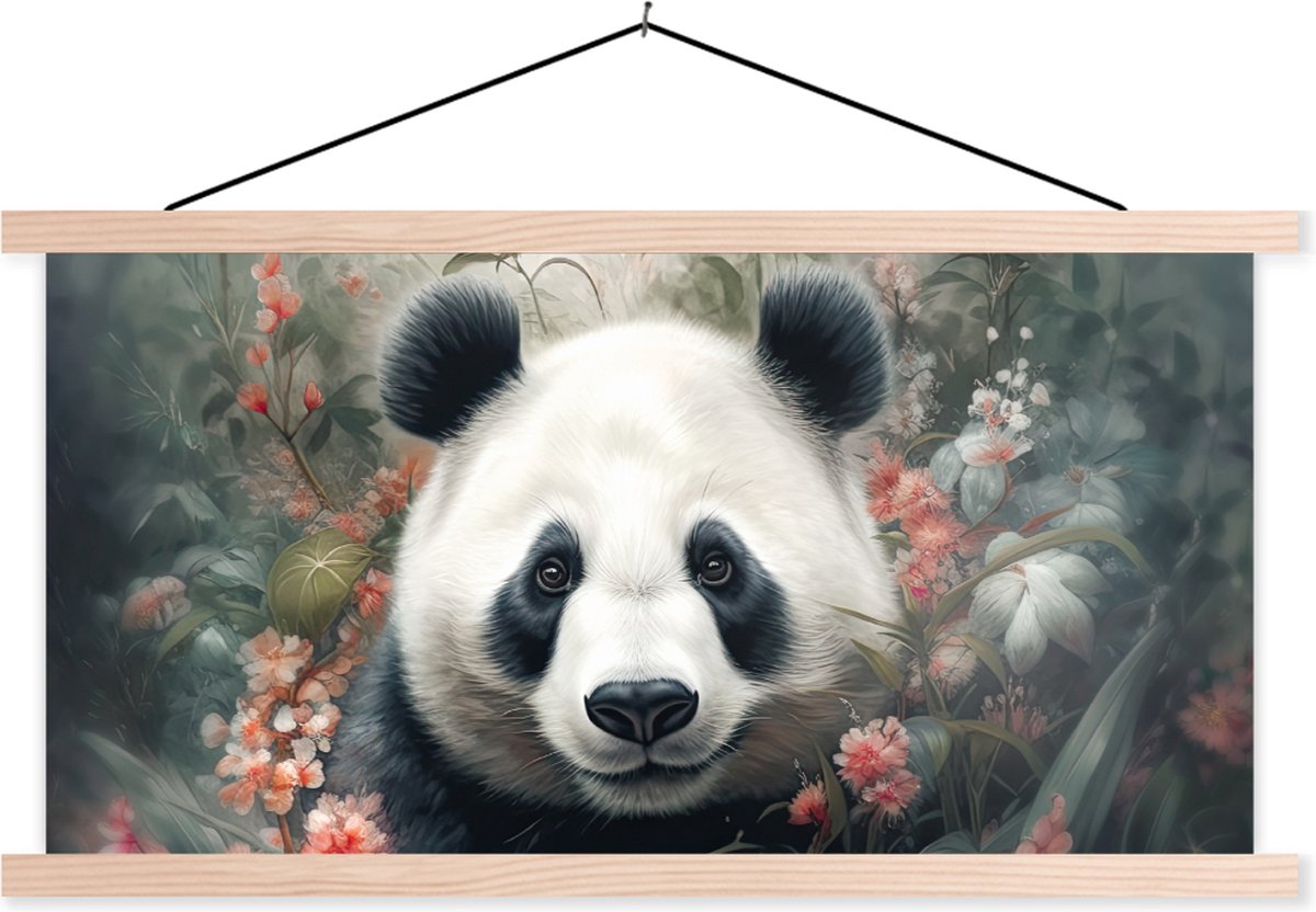Posterhanger incl. Poster 120x60 cm - Schoolplaat - Panda - Wilde dieren - Bloemen - Natuur - Textielposter - Blanke latten
