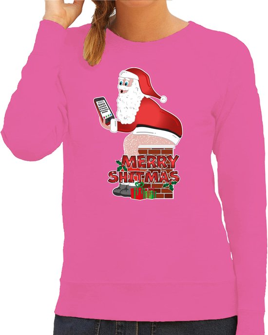 Bellatio Decorations Foute Kersttrui/sweater voor dames - Merry Shitmas - roze - kerstman op de WC L