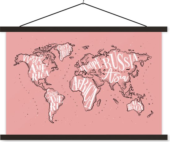 Affiche scolaire - Wereldkaart - Rose - Lettres - 150x100 cm - Lattes noires