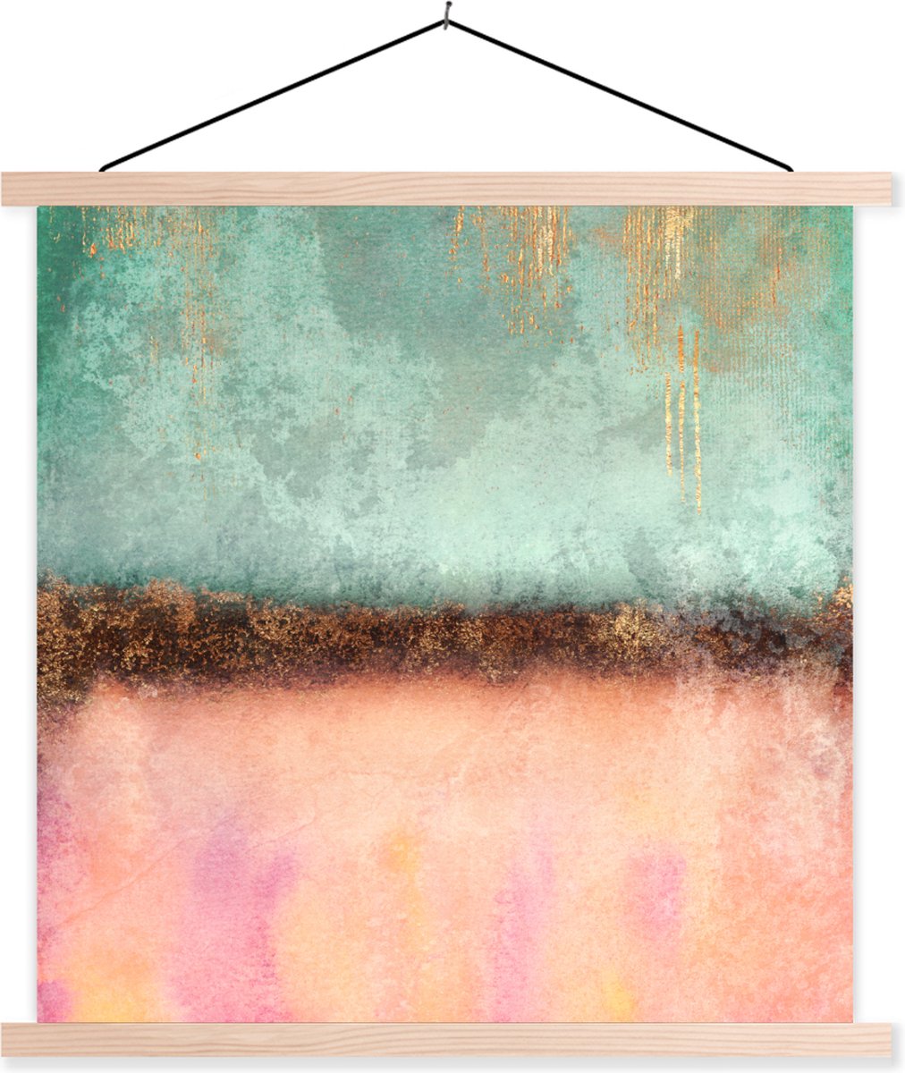 Posterhanger incl. Poster 120x120 cm - Schoolplaat - Goud - Verf - Abstract - Groen - Roze