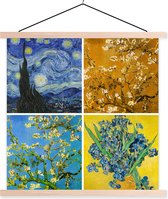 Posterhanger incl. Poster 90x90 cm - Schoolplaat - Van Gogh - Sterrennacht - Collage - Textielposter - Blanke latten
