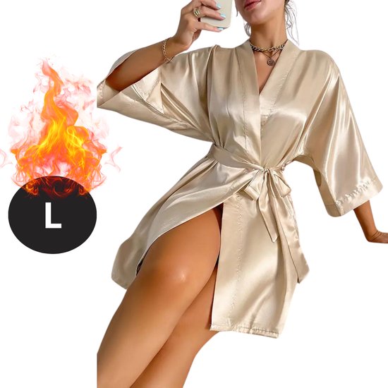 Bovista Satijnen Jurk - Slipdress - Pyama Dames - Badjas - Ochtendjas - Kimono - Erotisch - Kamerjas - Khaki L