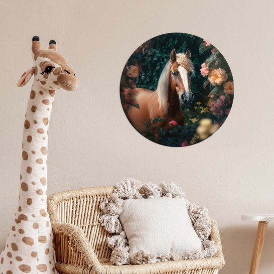 Stickers muraux cheval - Fleurs - Nature - Animaux - Papier peint sticker - Papier peint cercle autocollant - Revêtement mural - Décoration murale ronde - 50x50 cm - Muursticker cercle - Stickers adhésifs - Sticker mural