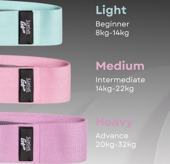 AJ-Sports Weerstandsbanden - Booty Band - Resistance band - Fitness elastiek - Paars/Roze/Cyaan - set van 3 - Fitness - Inclusief handleiding en draagtas