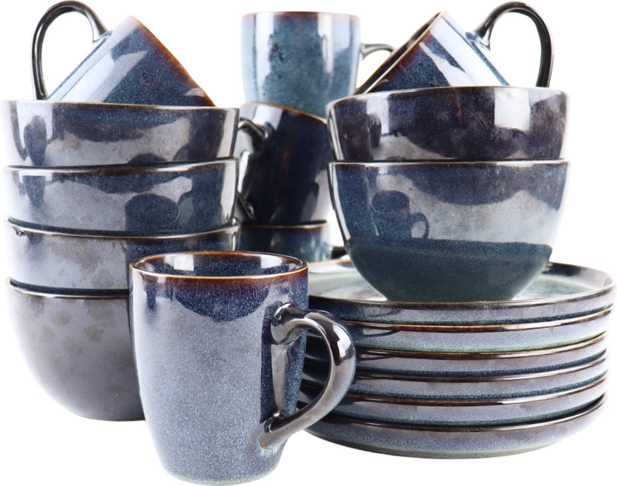 OTIX Serviesset - 6 Persoons - met Bordenset - Soepkommen - 600ml - Koffiekopjes - 350ml - EBONY