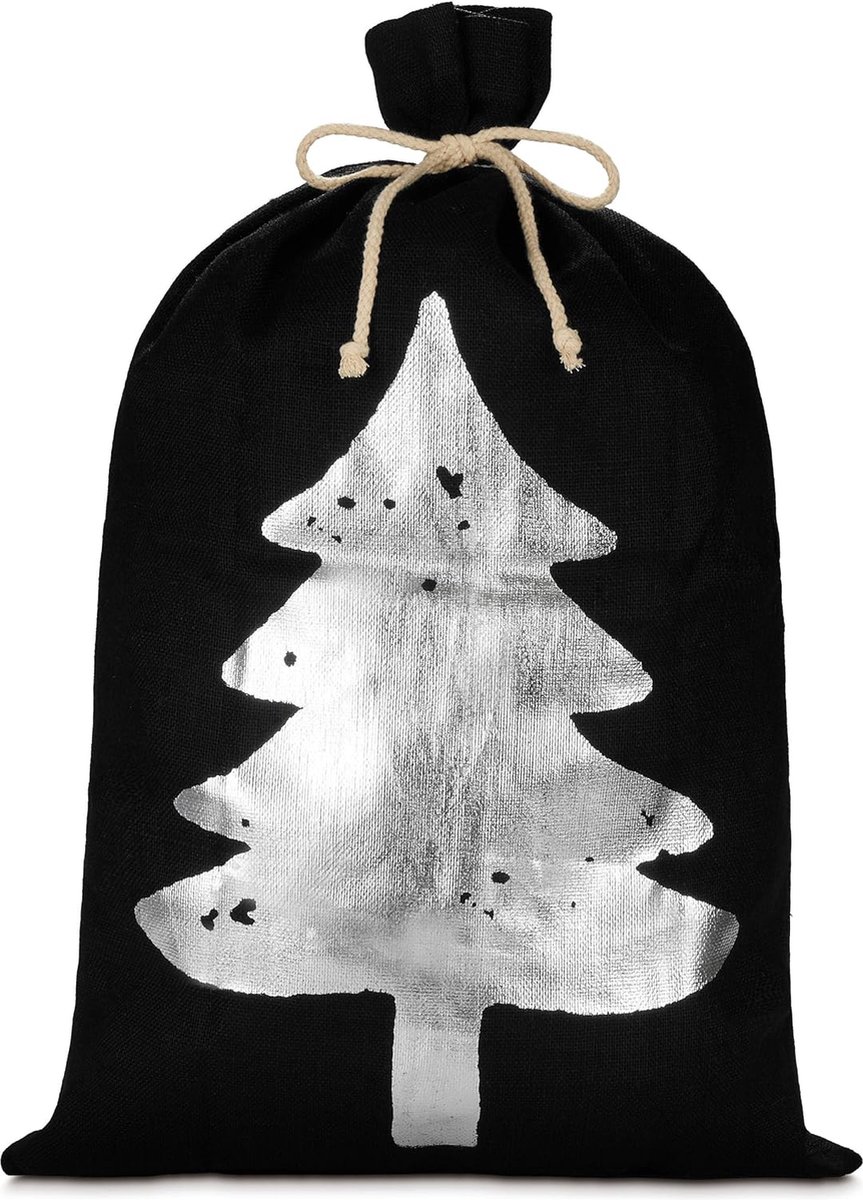 BRUBAKER Kerstzak zwart met dennenboom zilver - 80 cm cadeauzak voor Kerstmis - kerstboom Sinterklaas zak van jute - zak met koord voor het verpakken van geschenken