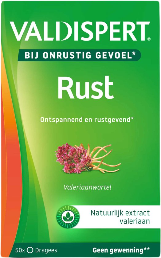 Valdispert Rust verpakking met groen en oranje design. 50 dragees. Natuurlijk product.