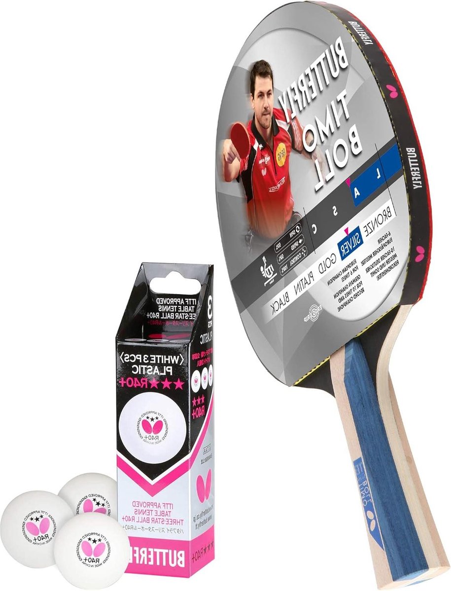 Timo Boll Silver Tafeltennisbatje 3*** ITTF R40+ Tafeltennisballen Hobby Set