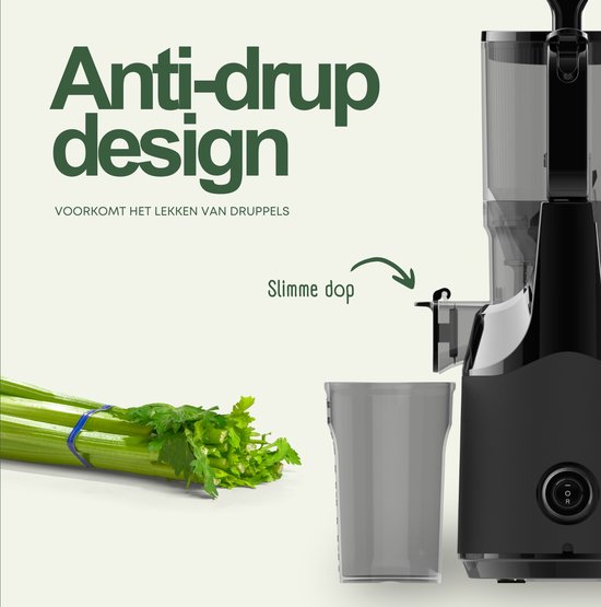 Centrifugeuse lente noire avec un 'bec intelligent' de conception anti-goutte, à côté d'une botte de céleri. L'avantage est qu'il 'évite les gouttes'.