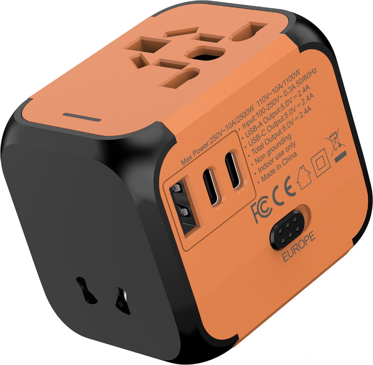 ZYLARO Universele Wereldstekker - met USB-C en USB-A - Reisstekker - Internationale Reisadapter voor 150+ landen - Amerika (USA) - Zuid Amerika - Engeland (UK) - Zwitserland - Azië - Europa - Afrika - Wereldstekkers - Oranje kleur